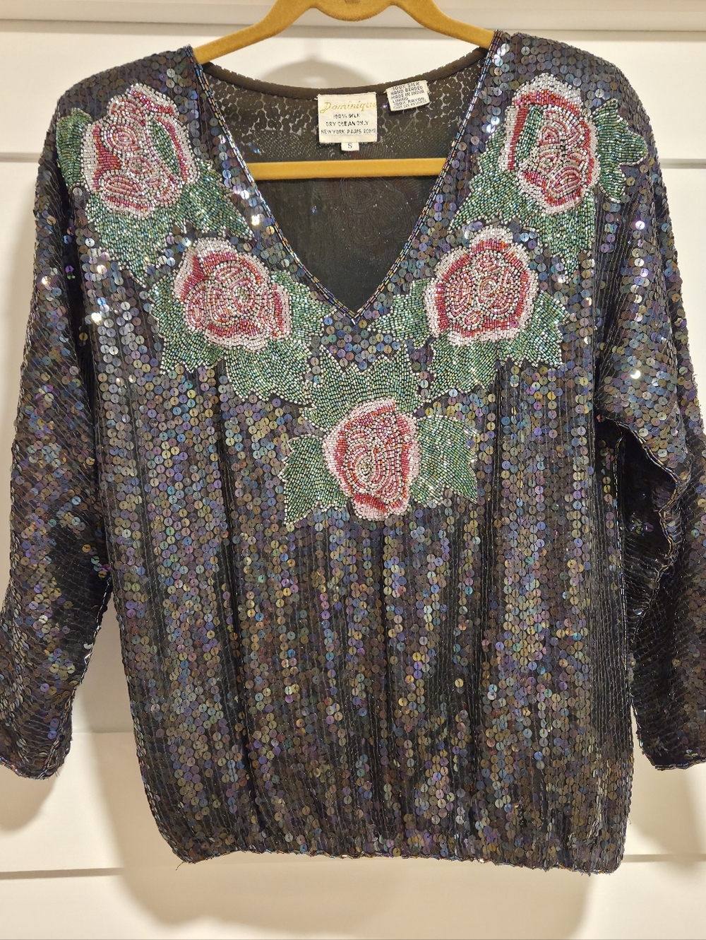 VINTAGE Dominique Sequin Silk Blouse – Beaded Rose Floral – 80s Trophy Top